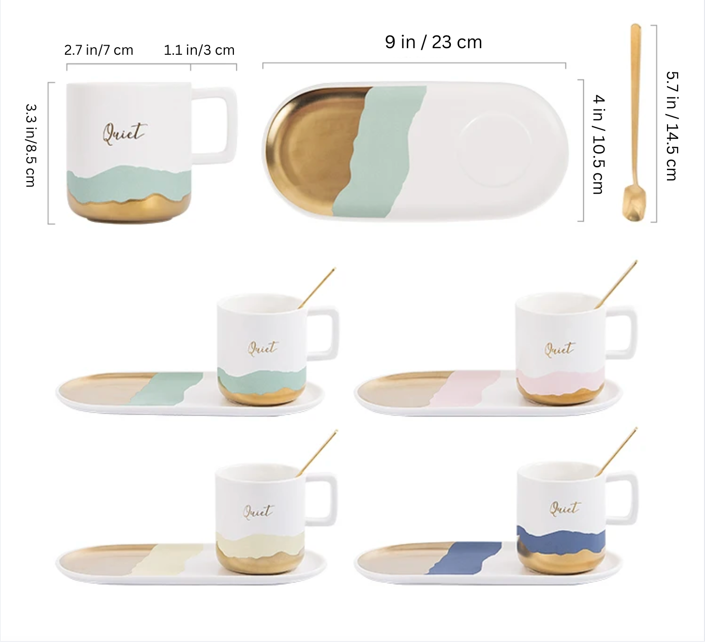 SHUT UP IT'S QUIET TIME irregular wave pattern coffee/tea cup + saucer plate + spoon set.